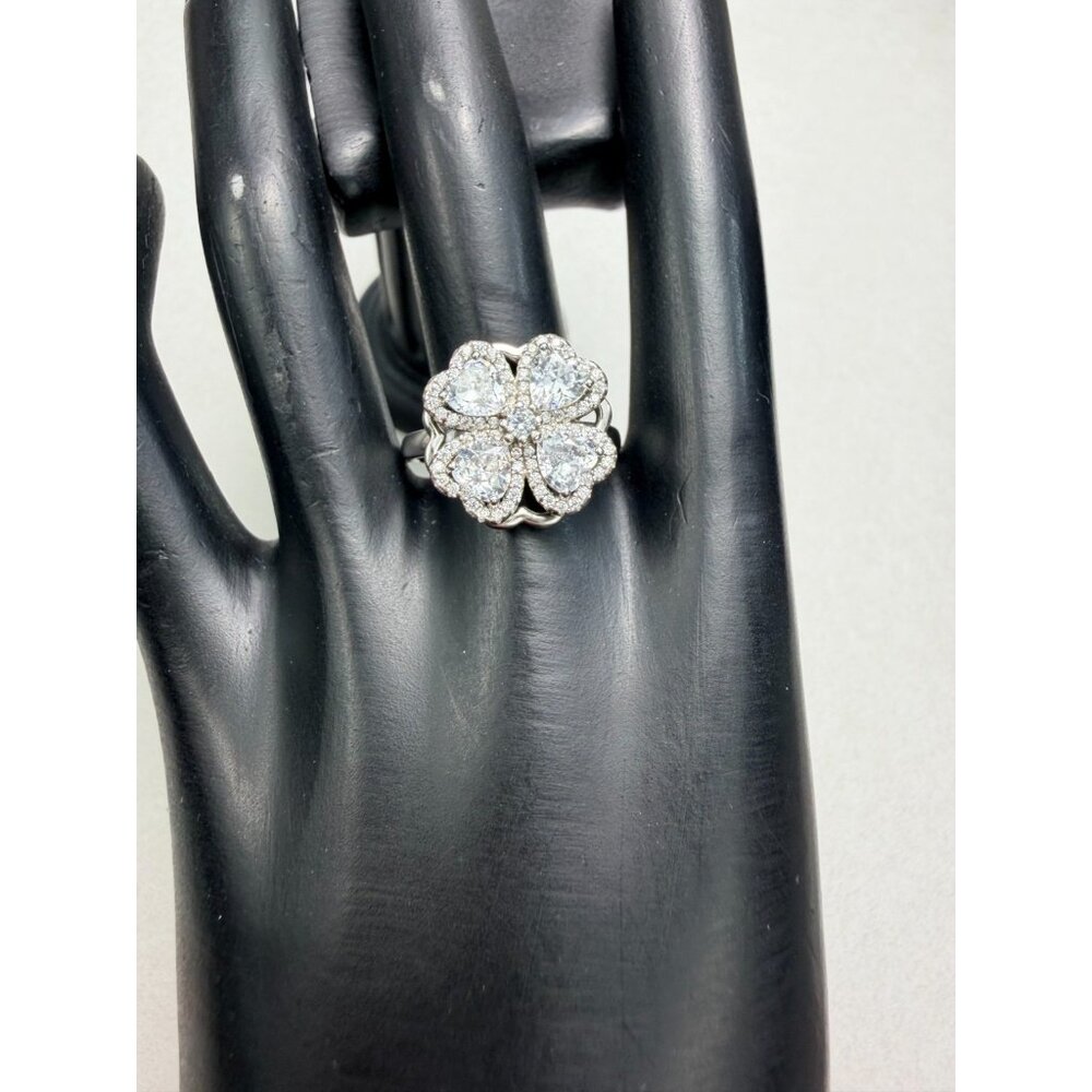 Pretty Sterling Silver Spinner Ring Floral Clover CZ Design Size 9.75 Unique